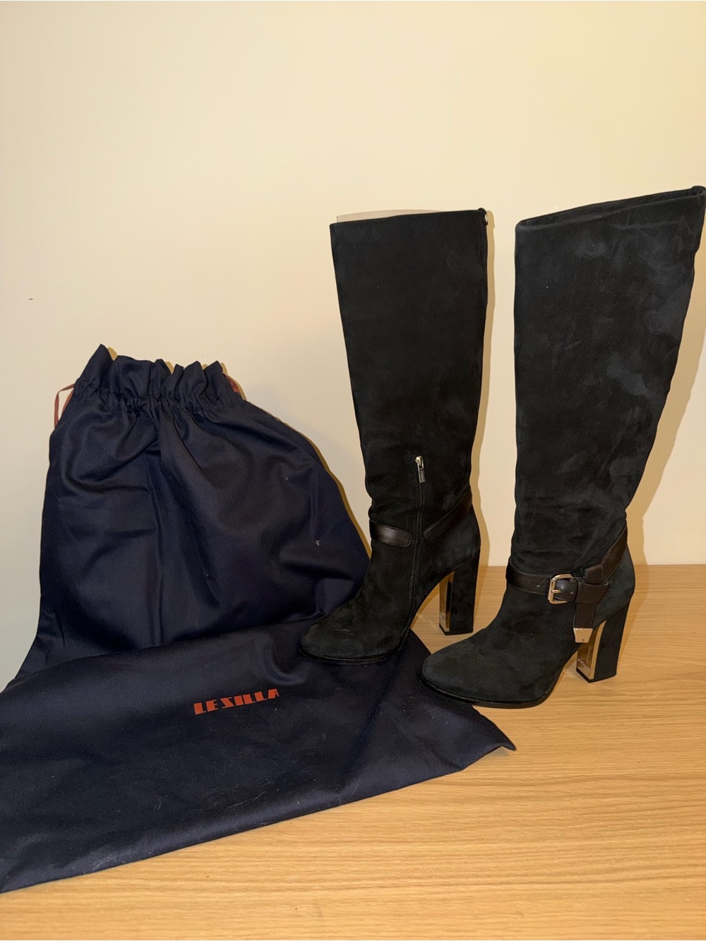 Le Silla Black Suede Knee-High Block Heel Boots